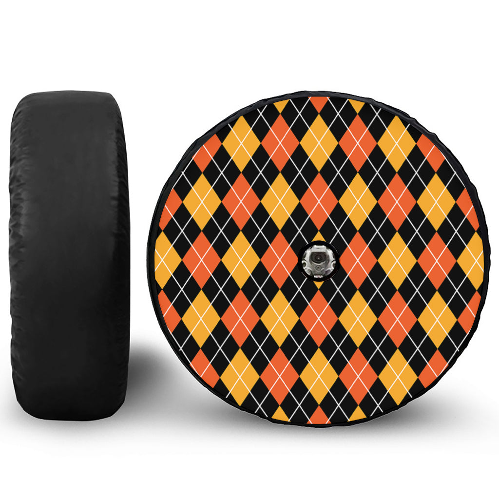 Halloween Black And Orange Argyle Print Tire Cover With Camera Hole