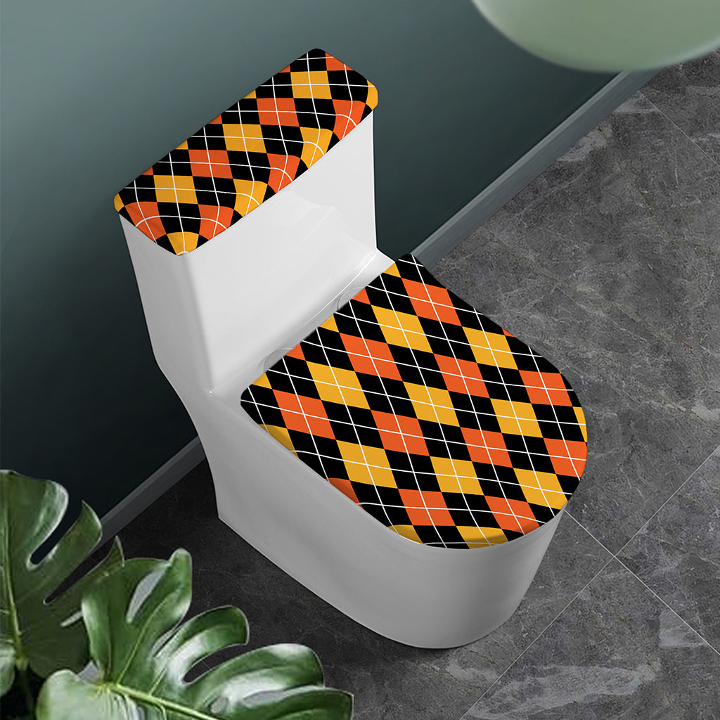 Halloween Black And Orange Argyle Print Toilet Lid And Tank Cover Set