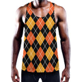 Halloween Black And Orange Argyle Print Men's Workout Tank Top