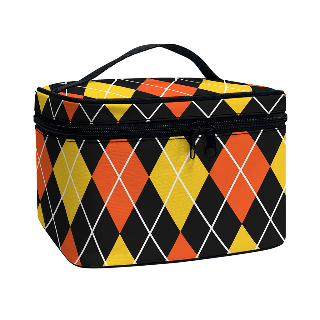 Halloween Black And Orange Argyle Print Travel Makeup Bag