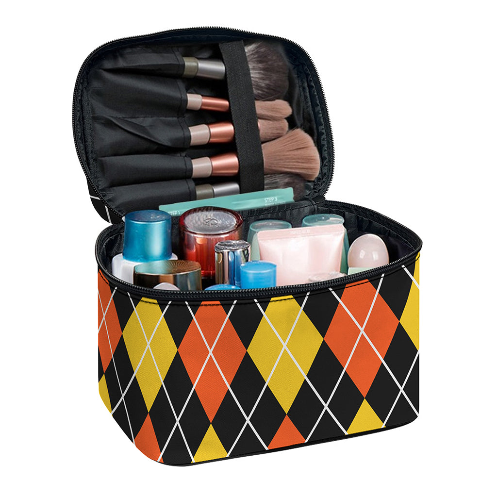 Halloween Black And Orange Argyle Print Travel Makeup Bag