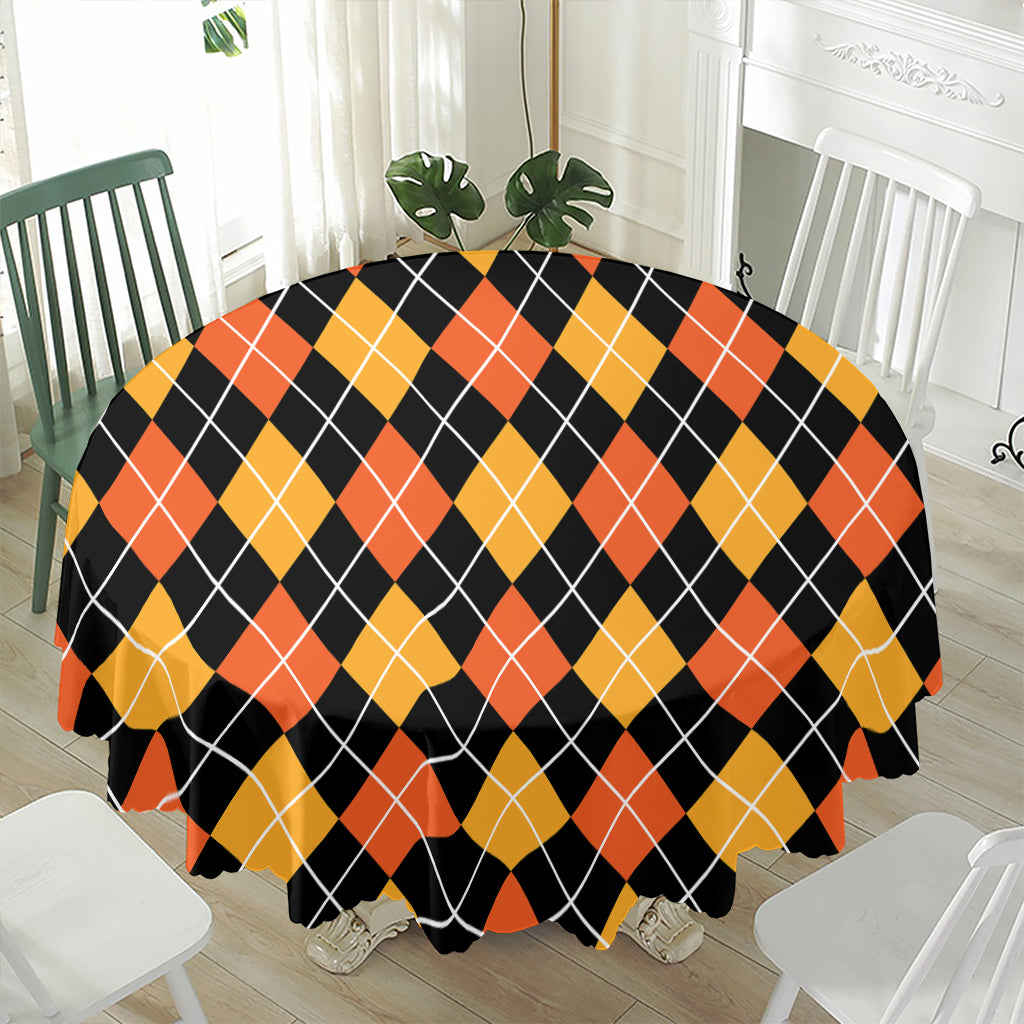 Halloween Black And Orange Argyle Print Waterproof Round Tablecloth