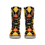 Halloween Black And Orange Argyle Print Winter Boots