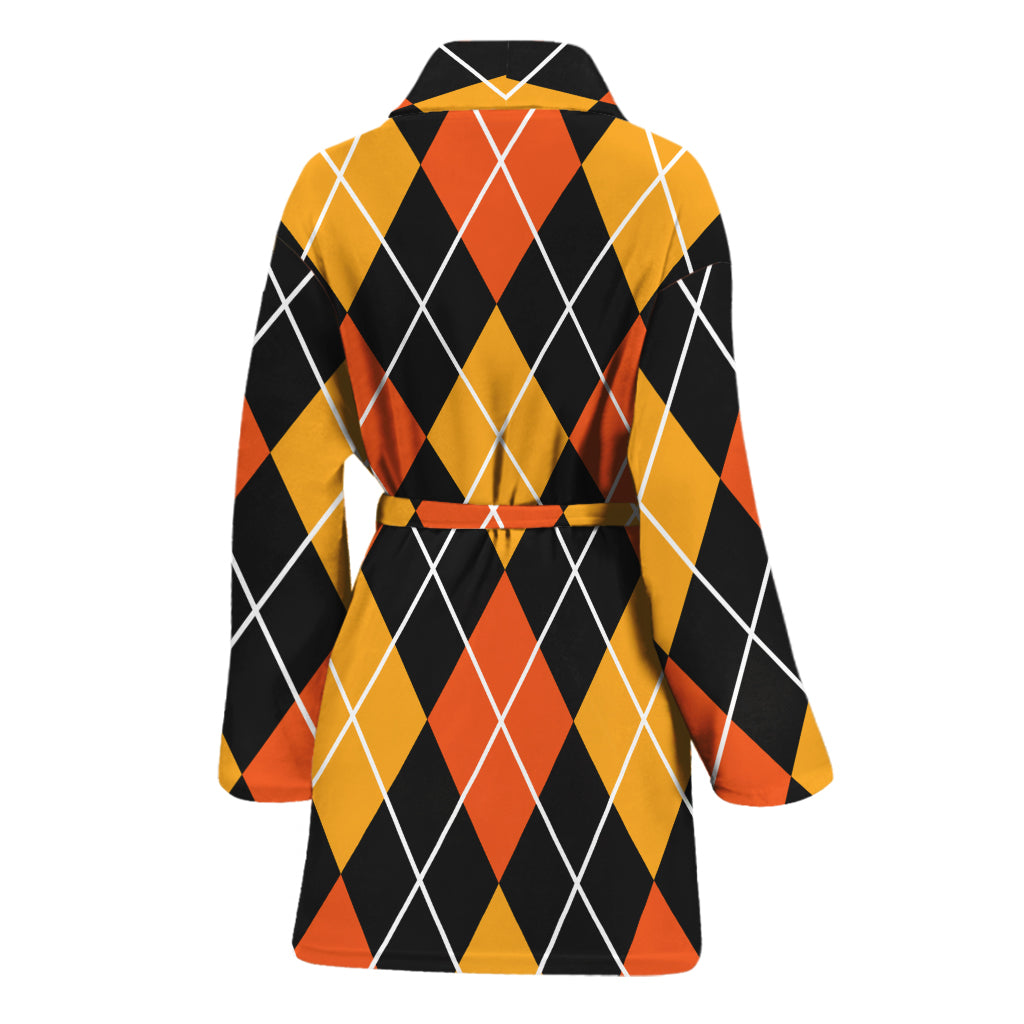 Halloween Black And Orange Argyle Print Women's Bathrobe
