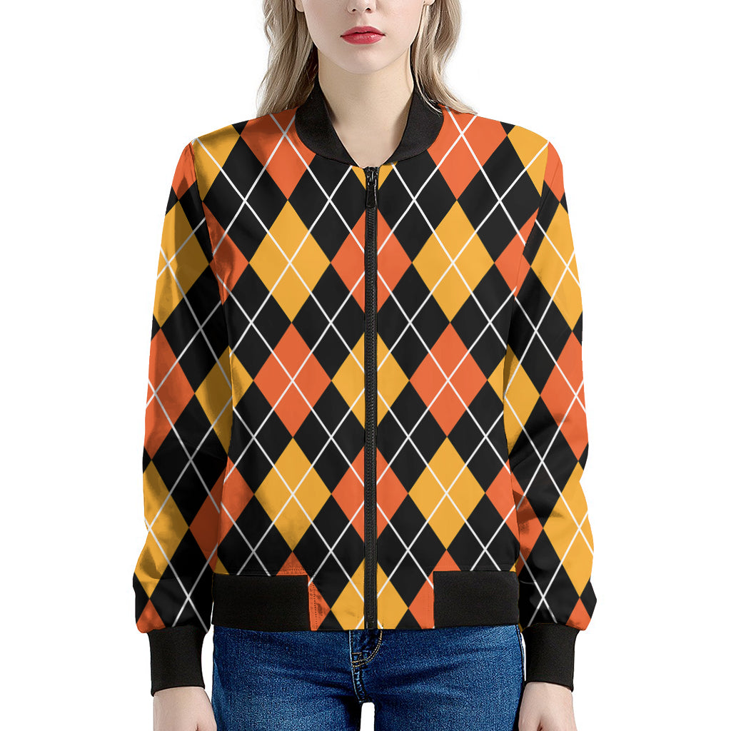 Halloween Black And Orange Argyle Print Women's Bomber Jacket