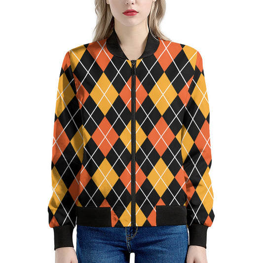 Halloween Black And Orange Argyle Print Women's Bomber Jacket