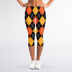 Halloween Black And Orange Argyle Print Women's Capri Leggings