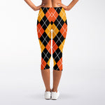 Halloween Black And Orange Argyle Print Women's Capri Leggings