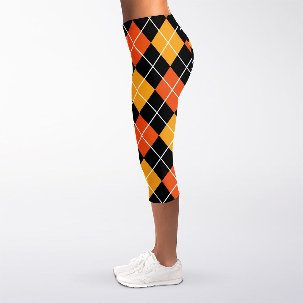 Halloween Black And Orange Argyle Print Women's Capri Leggings