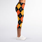 Halloween Black And Orange Argyle Print Women's Capri Leggings
