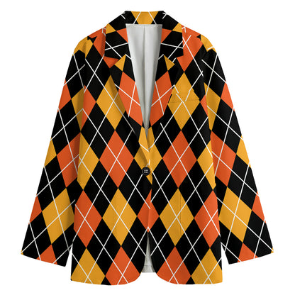 Halloween Black And Orange Argyle Print Women's Cotton Blazer
