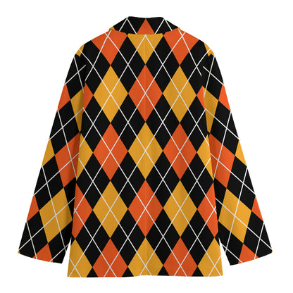 Halloween Black And Orange Argyle Print Women's Cotton Blazer