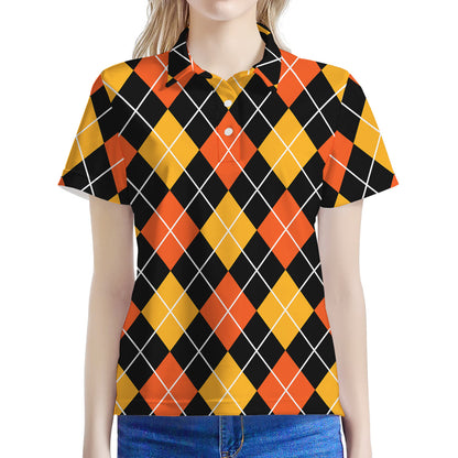 Halloween Black And Orange Argyle Print Women's Polo Shirt