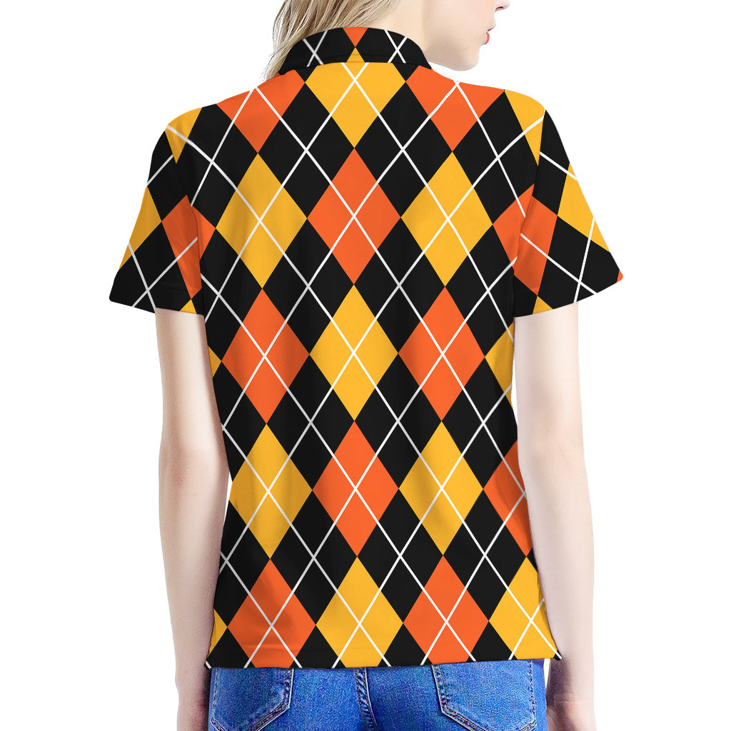 Halloween Black And Orange Argyle Print Women's Polo Shirt