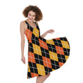 Halloween Black And Orange Argyle Print Sleeveless Knee Length Dress