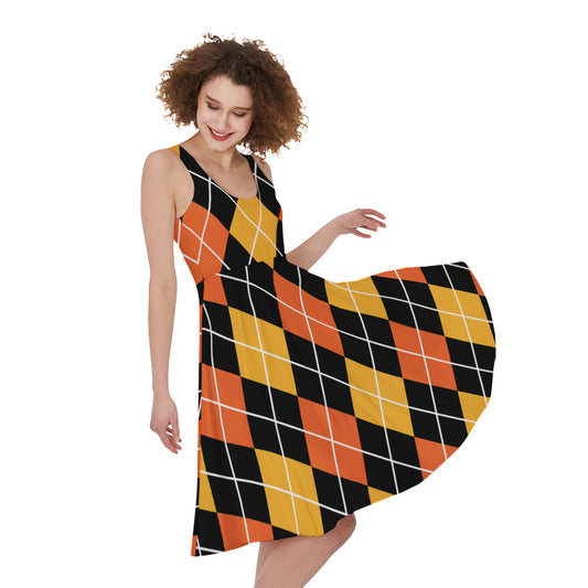 Halloween Black And Orange Argyle Print Women's Sleeveless Dress