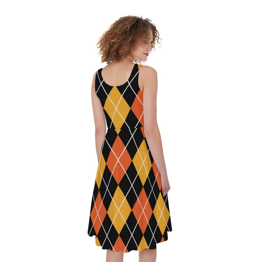 Halloween Black And Orange Argyle Print Women's Sleeveless Dress