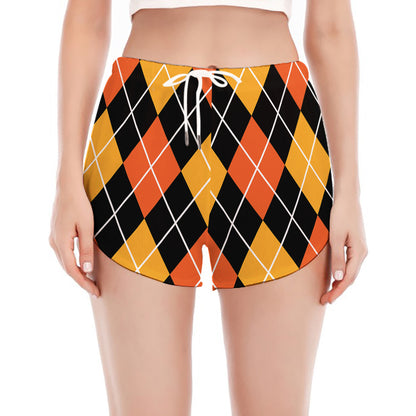 Halloween Black And Orange Argyle Print Women's Split Running Shorts