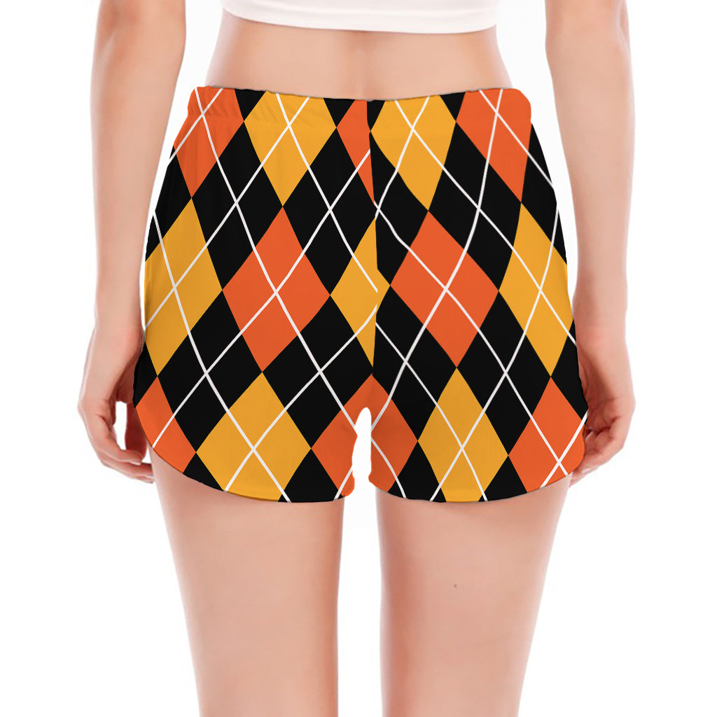Halloween Black And Orange Argyle Print Women's Split Running Shorts