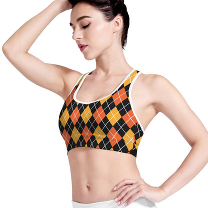 Halloween Black And Orange Argyle Print Women's Sports Bra