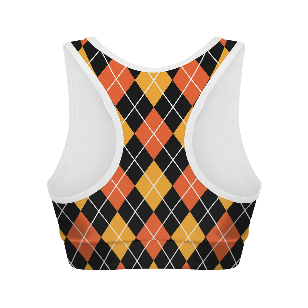 Halloween Black And Orange Argyle Print Women's Sports Bra
