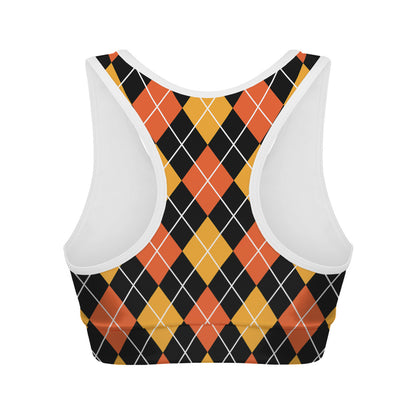 Halloween Black And Orange Argyle Print Women's Sports Bra