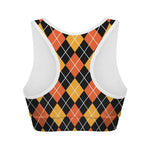 Halloween Black And Orange Argyle Print Women's Sports Bra