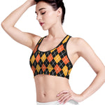 Halloween Black And Orange Argyle Print Women's Sports Bra