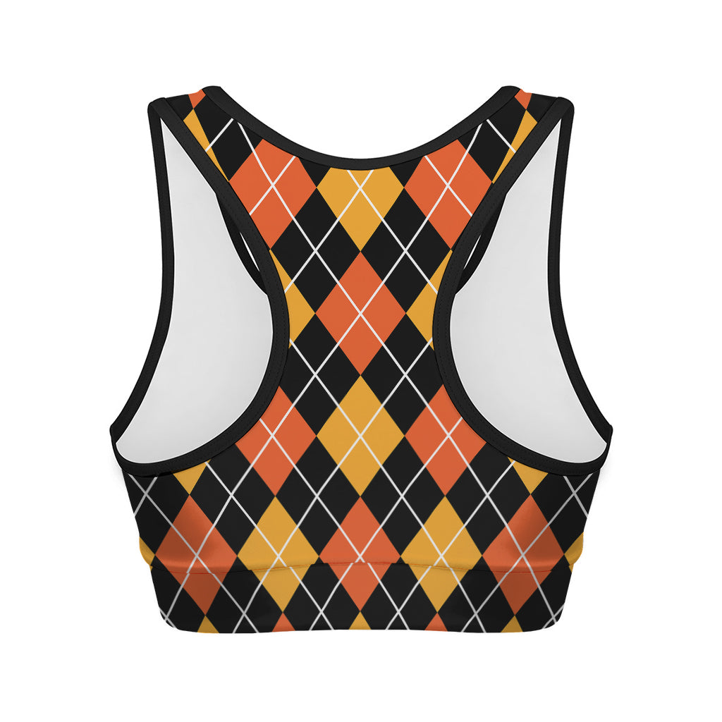 Halloween Black And Orange Argyle Print Women's Sports Bra