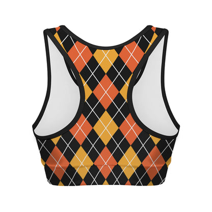 Halloween Black And Orange Argyle Print Women's Sports Bra
