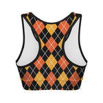 Halloween Black And Orange Argyle Print Women's Sports Bra
