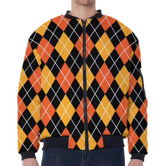 Halloween Black And Orange Argyle Print Zip Sleeve Bomber Jacket