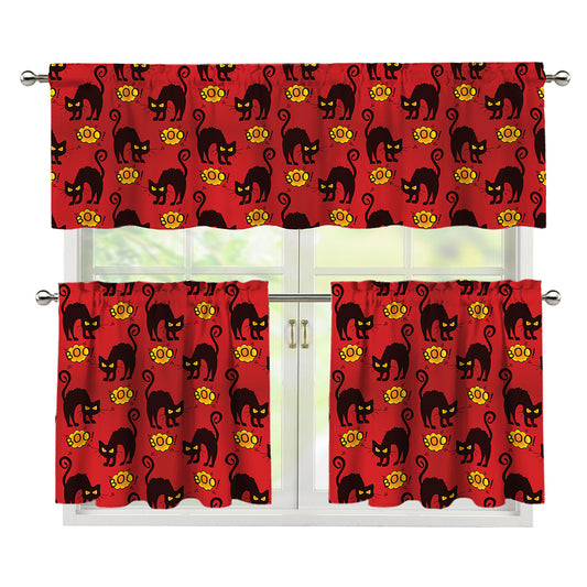Halloween Black Cat Pattern Print 3 Piece Kitchen Curtains