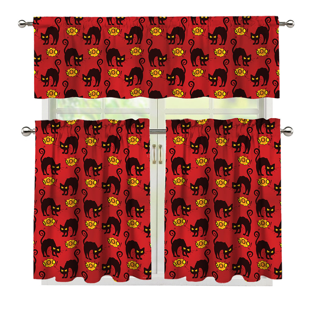 Halloween Black Cat Pattern Print 3 Piece Kitchen Curtains