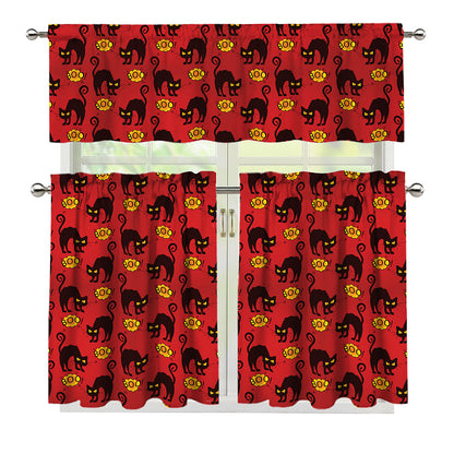 Halloween Black Cat Pattern Print 3 Piece Kitchen Curtains