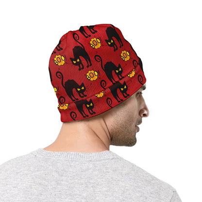 Halloween Black Cat Pattern Print Beanie
