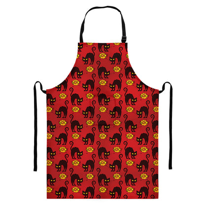 Halloween Black Cat Pattern Print Bib Apron With Pocket