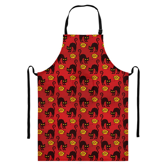 Halloween Black Cat Pattern Print Bib Apron With Pocket