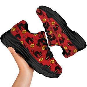 Halloween Black Cat Pattern Print Black Chunky Shoes