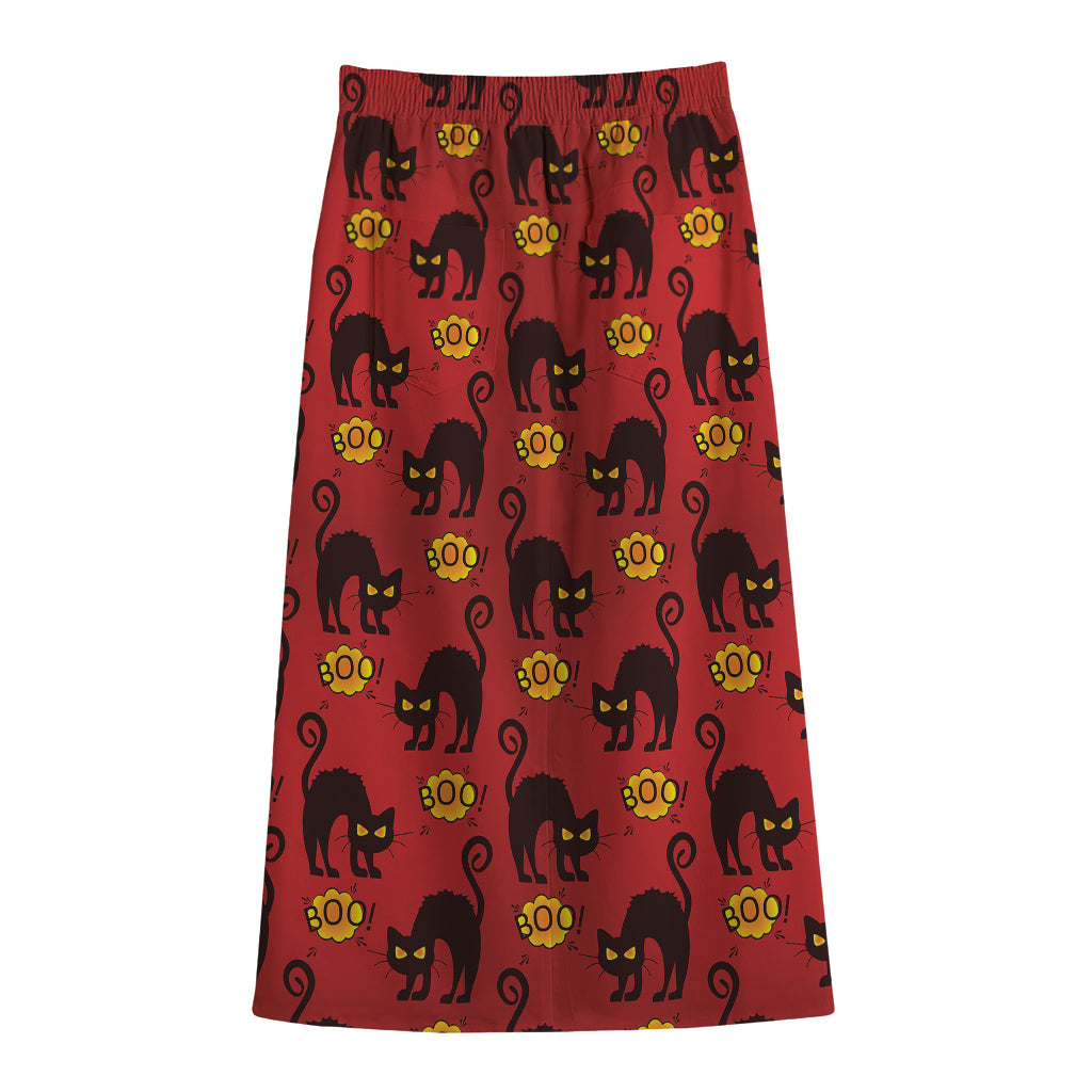 Halloween Black Cat Pattern Print Cotton Front Slit Maxi Skirt