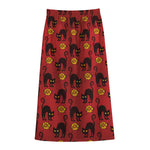 Halloween Black Cat Pattern Print Cotton Front Slit Maxi Skirt