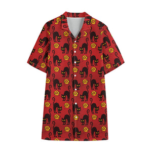 Halloween Black Cat Pattern Print Cotton Hawaiian Shirt