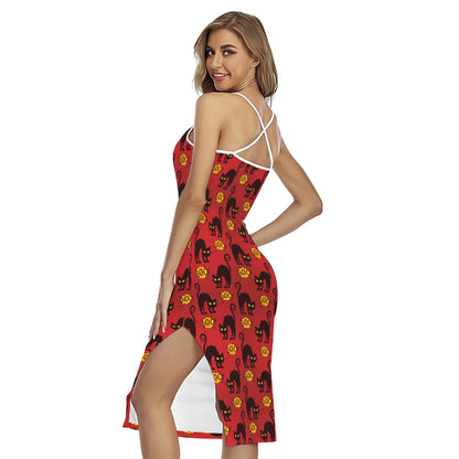 Halloween Black Cat Pattern Print Cross Back Cami Dress