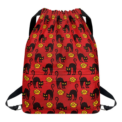 Halloween Black Cat Pattern Print Drawstring Backpack