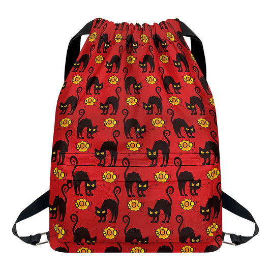 Halloween Black Cat Pattern Print Drawstring Backpack