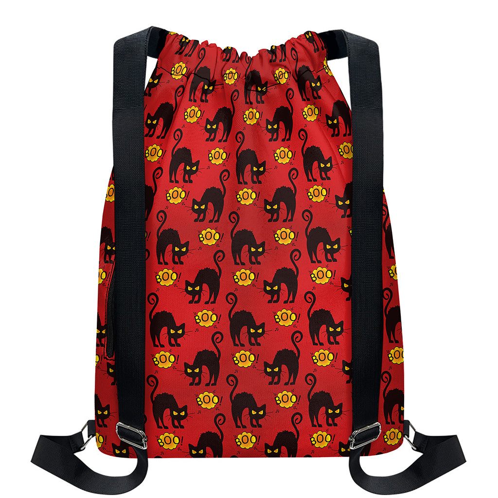 Halloween Black Cat Pattern Print Drawstring Backpack