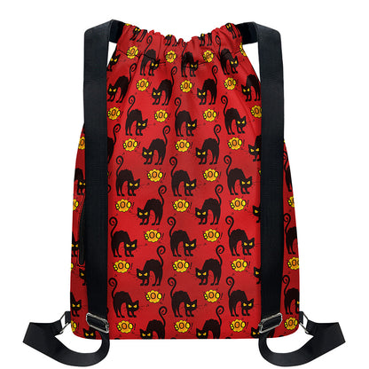 Halloween Black Cat Pattern Print Drawstring Backpack