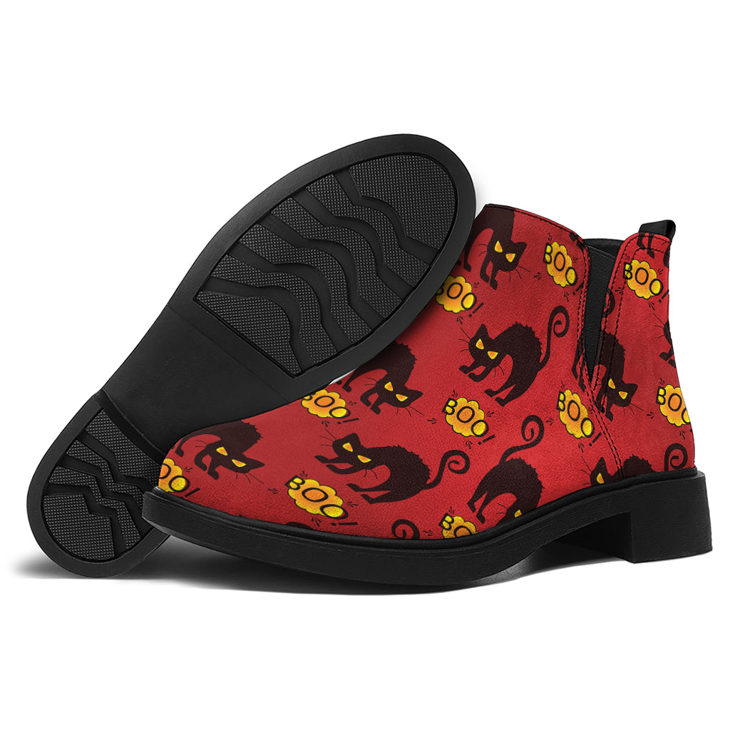 Halloween Black Cat Pattern Print Flat Ankle Boots