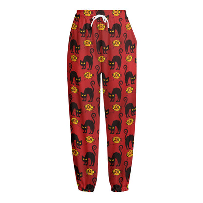 Halloween Black Cat Pattern Print Fleece Lined Knit Pants
