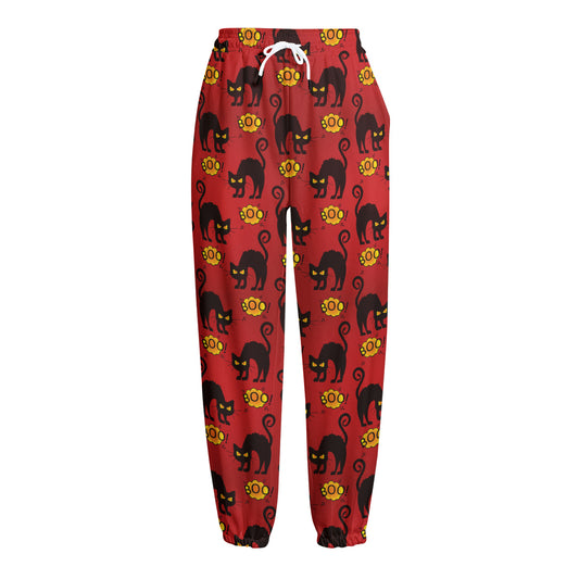 Halloween Black Cat Pattern Print Fleece Lined Knit Pants